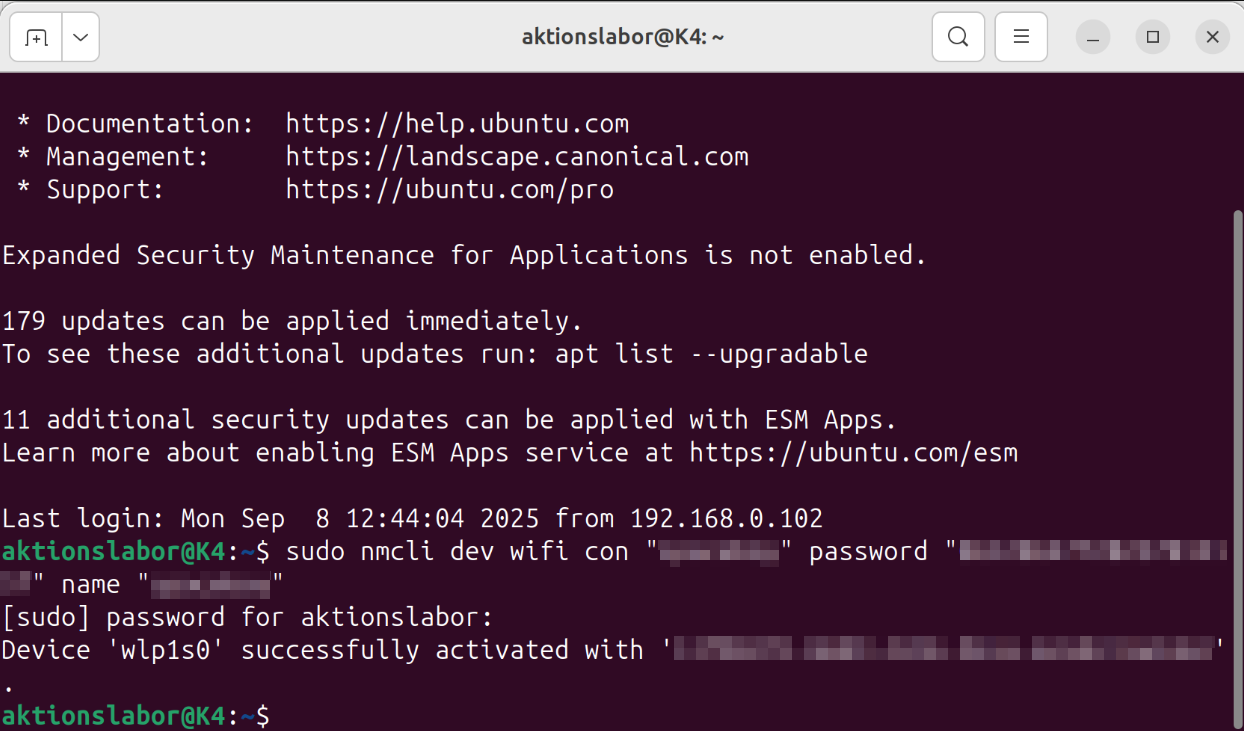 Kommandozeile wifi connected